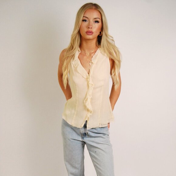 Y2K Ruffle Silk Tank (M) butter yellow vest medium prep blouse button up ivory - Picture 1 of 8